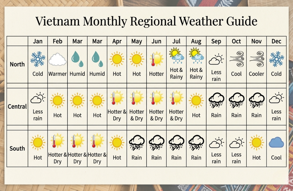 Monthly weather icons and regional conditions. 