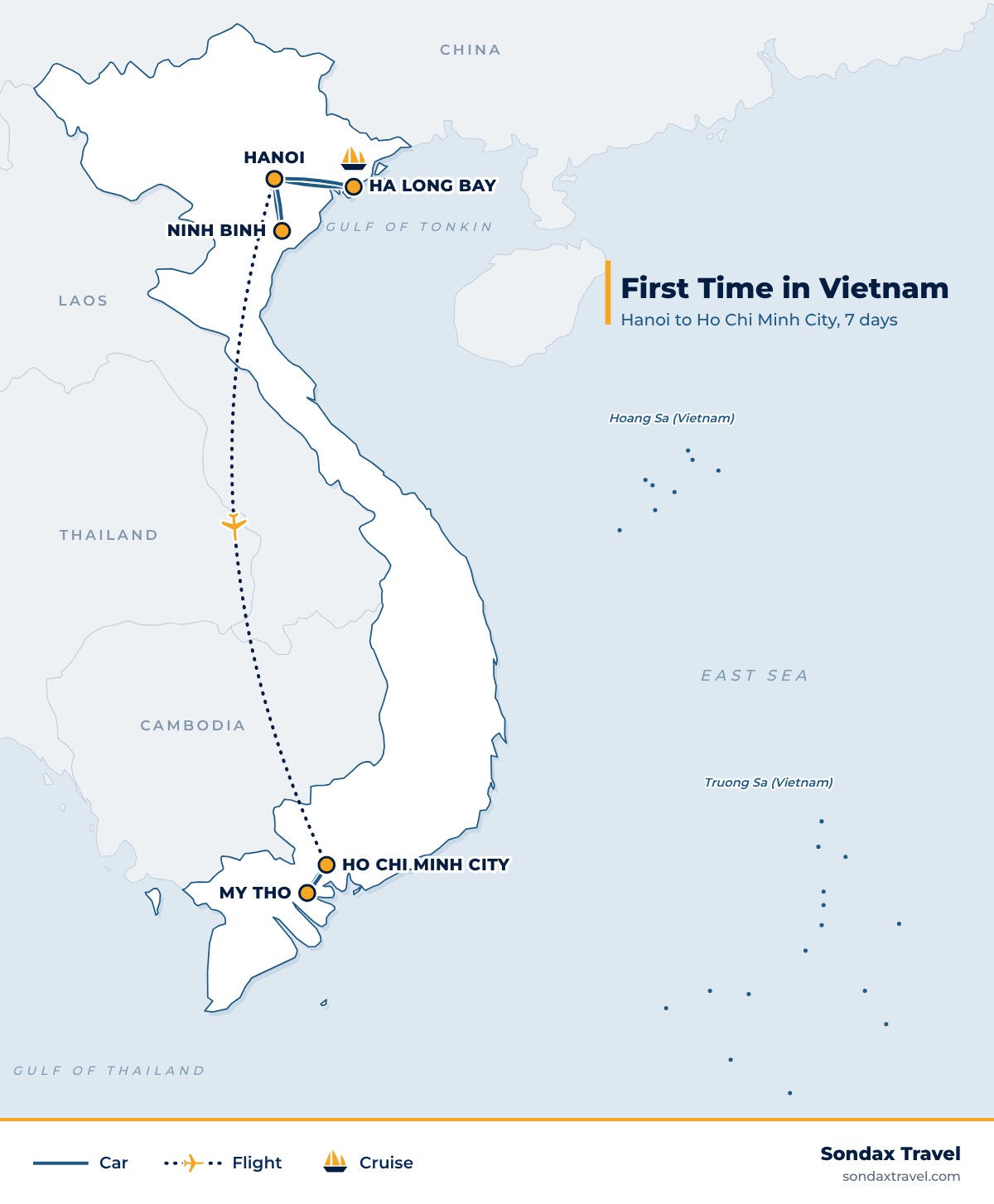 Route map: First Time in Vietnam Tour: 7 Days from Hanoi to Saigon