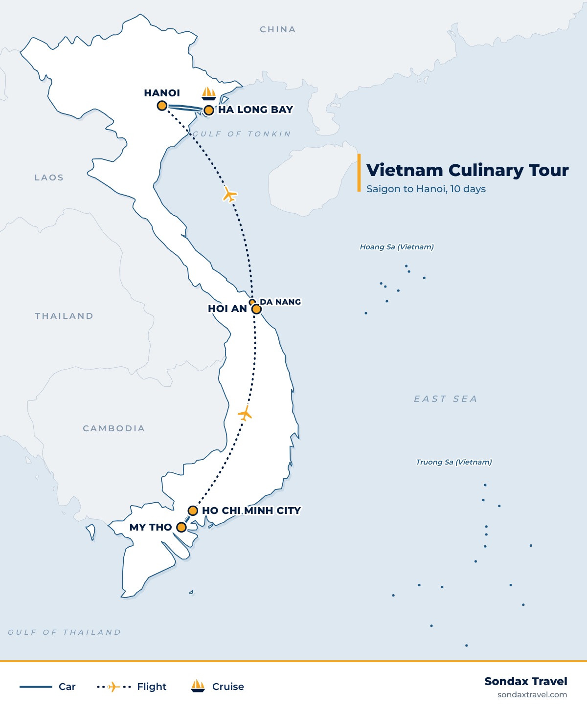 Route map: Vietnam Culinary Tour, 10 Days: Saigon, Hoi An, Hanoi, Ha Long