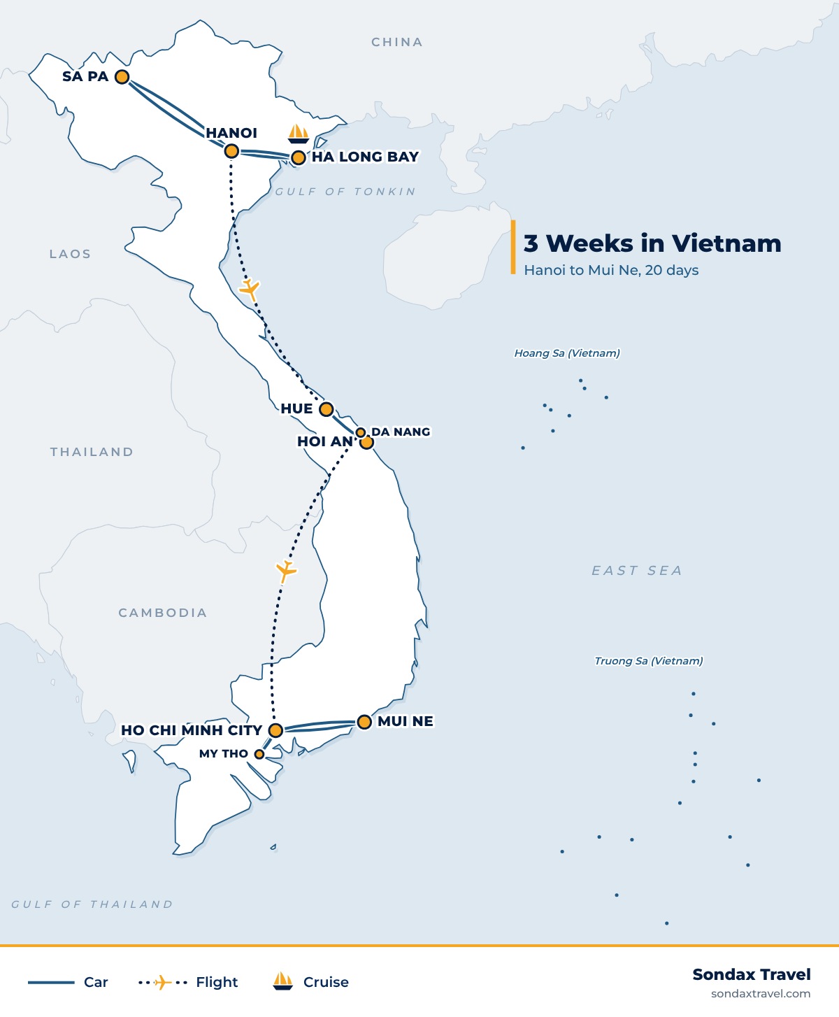 Route map: 3 Weeks in Vietnam: 20 Days, Hanoi, Sapa, Hue, Hoi An and Mui Ne