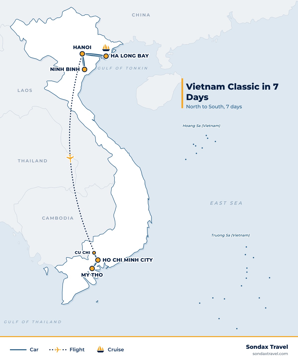 Route map: Vietnam 7 Day Itinerary: Hanoi, Ninh Binh, Ha Long Bay to Saigon