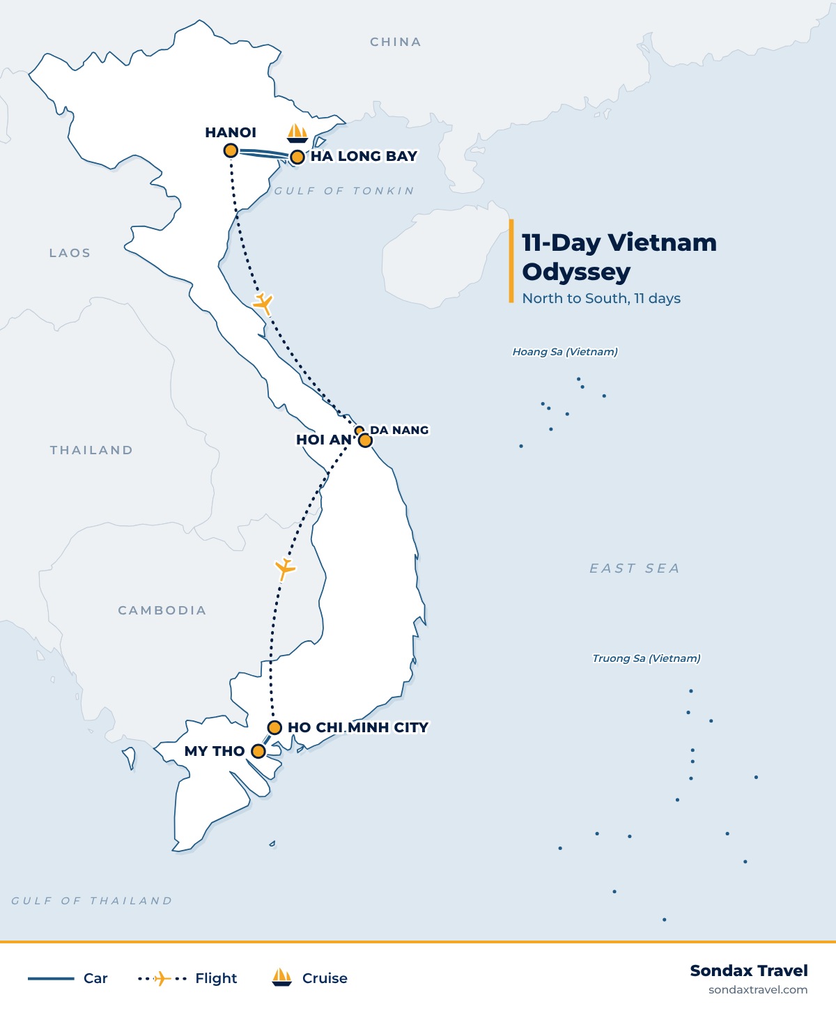 Route map: Vietnam 11 Day Tour: Hanoi to Saigon via Ha Long Bay and Hoi An