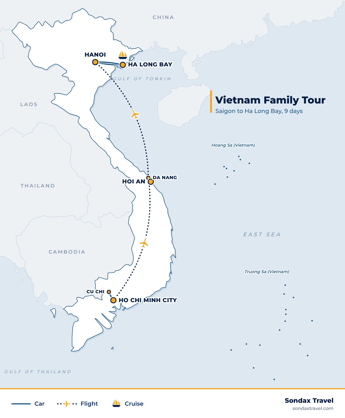 Route map: Vietnam Family Tour: 9 Days from Saigon to Hoi An and Ha Long Bay