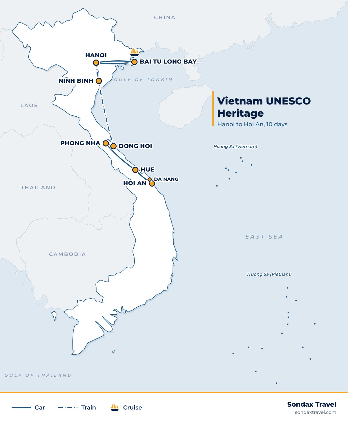 Route map: Vietnam UNESCO Heritage Tour: 10 Days, Ha Long, Phong Nha and Hue