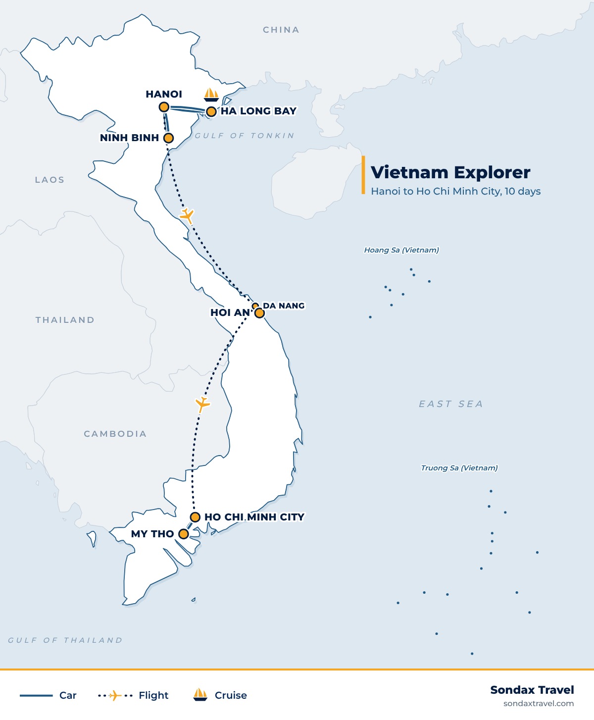 Route map: Vietnam Tour 10 Days Hanoi to Saigon: Ninh Binh, Ha Long, Hoi An