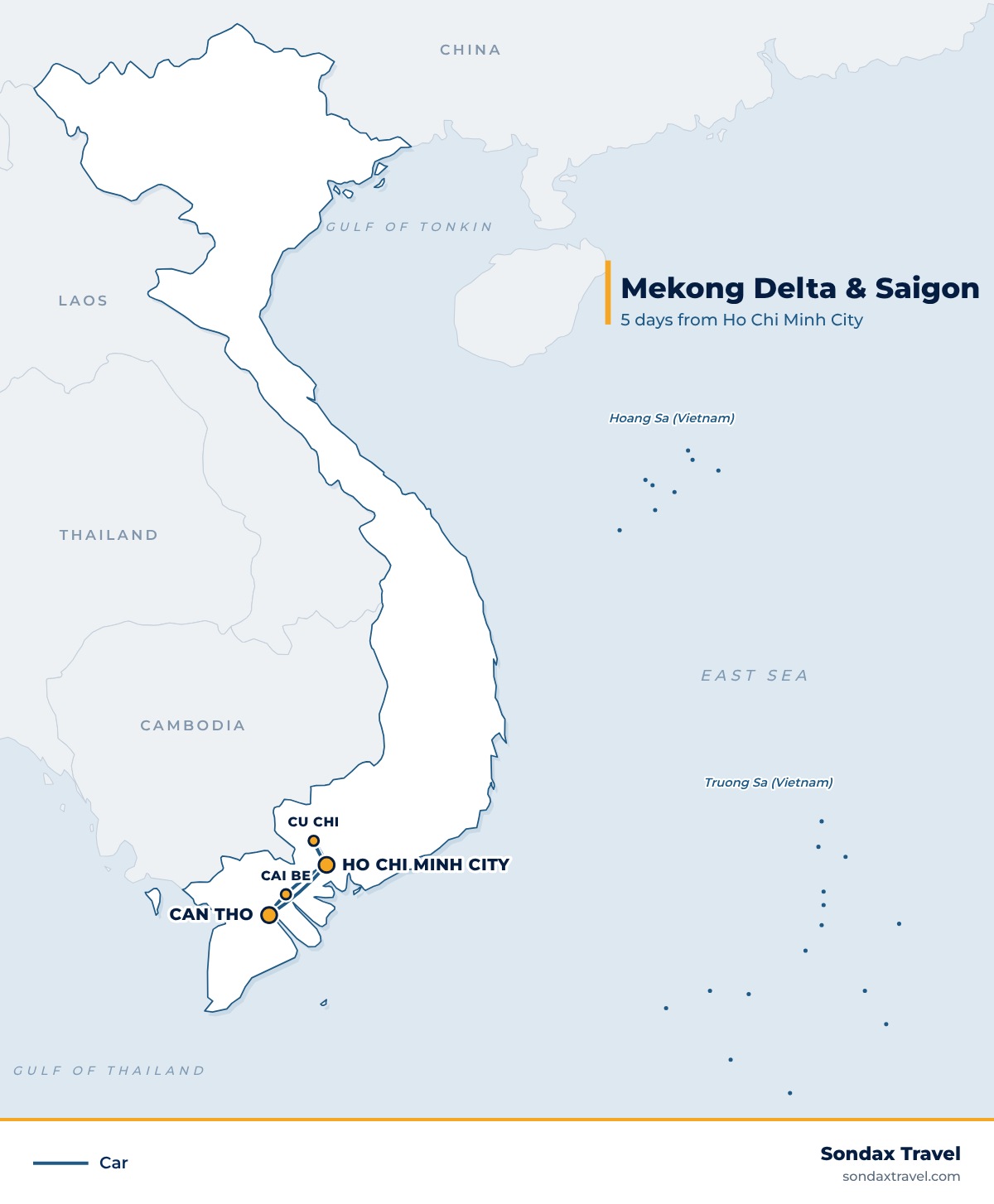 Route map: Mekong Delta Tour, 5 Days: Cai Be, Can Tho, Cu Chi and Saigon