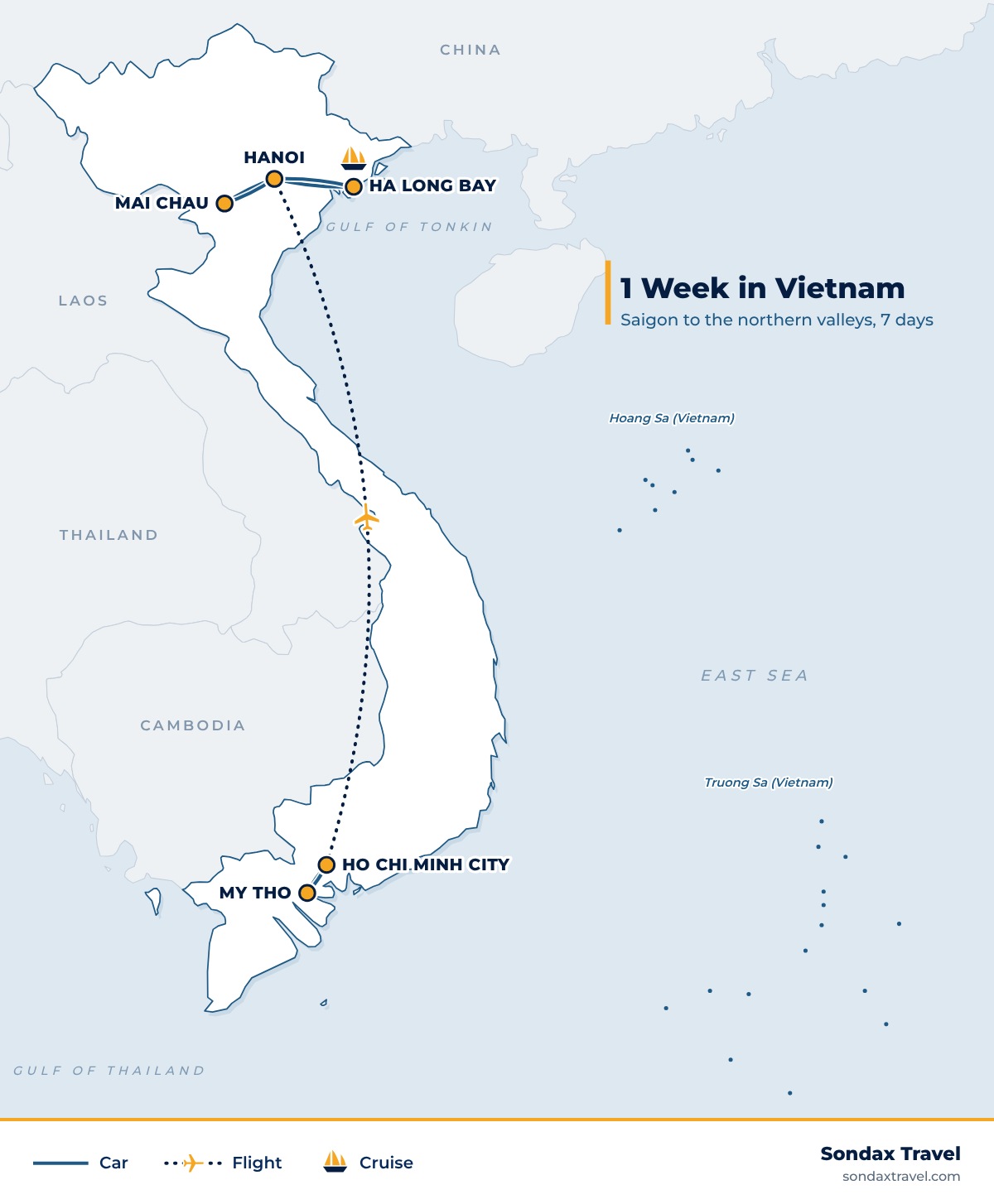 Route map: 1 Week in Vietnam: 7 Days from Saigon to Ha Long and Mai Chau